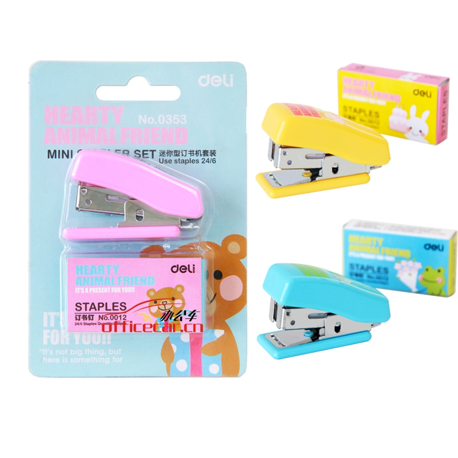 得力 Deli 0353 12#（用統(tǒng)一釘）多彩迷你型套裝訂書(shū)機(jī) 卡式 顏色隨機(jī)
